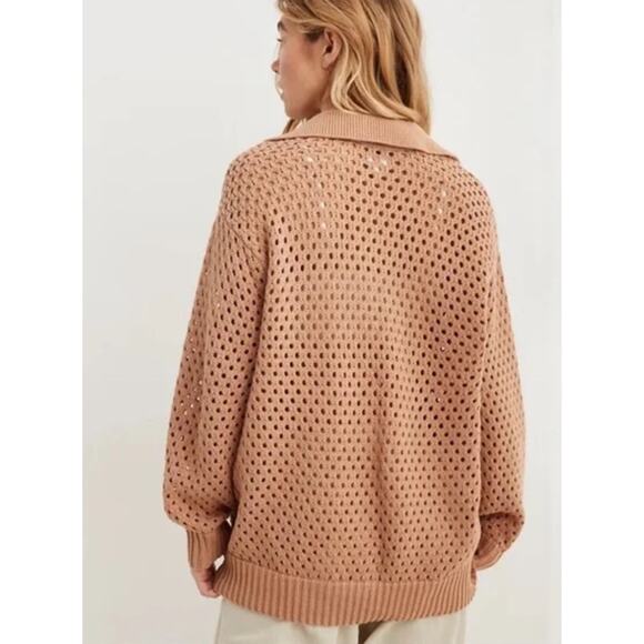 Aerie Tan Oversized Open Knit Polo Sweater Size Medium - Picture 2 of 10